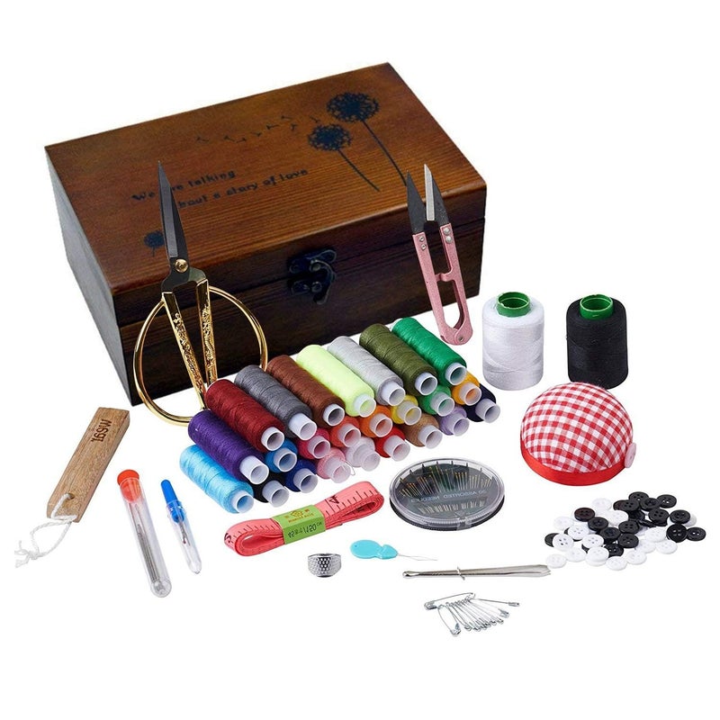 BTU Sewing Kit, Wooden Sewing Kit Box for Adults, Wooden Sewing Basket with Accessories, Home Sewing Basket Stitching Repair Kit for Beginner, Women, Men,Vintage Embroidery Scissors Kit (Retro Brown) - Image 2
